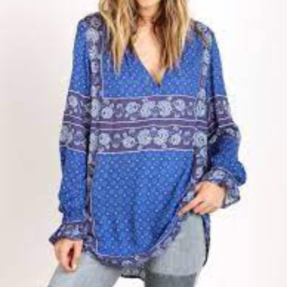Free People Tops - Free People Changing Times Printed Blouse True Blue | EUC | Medium